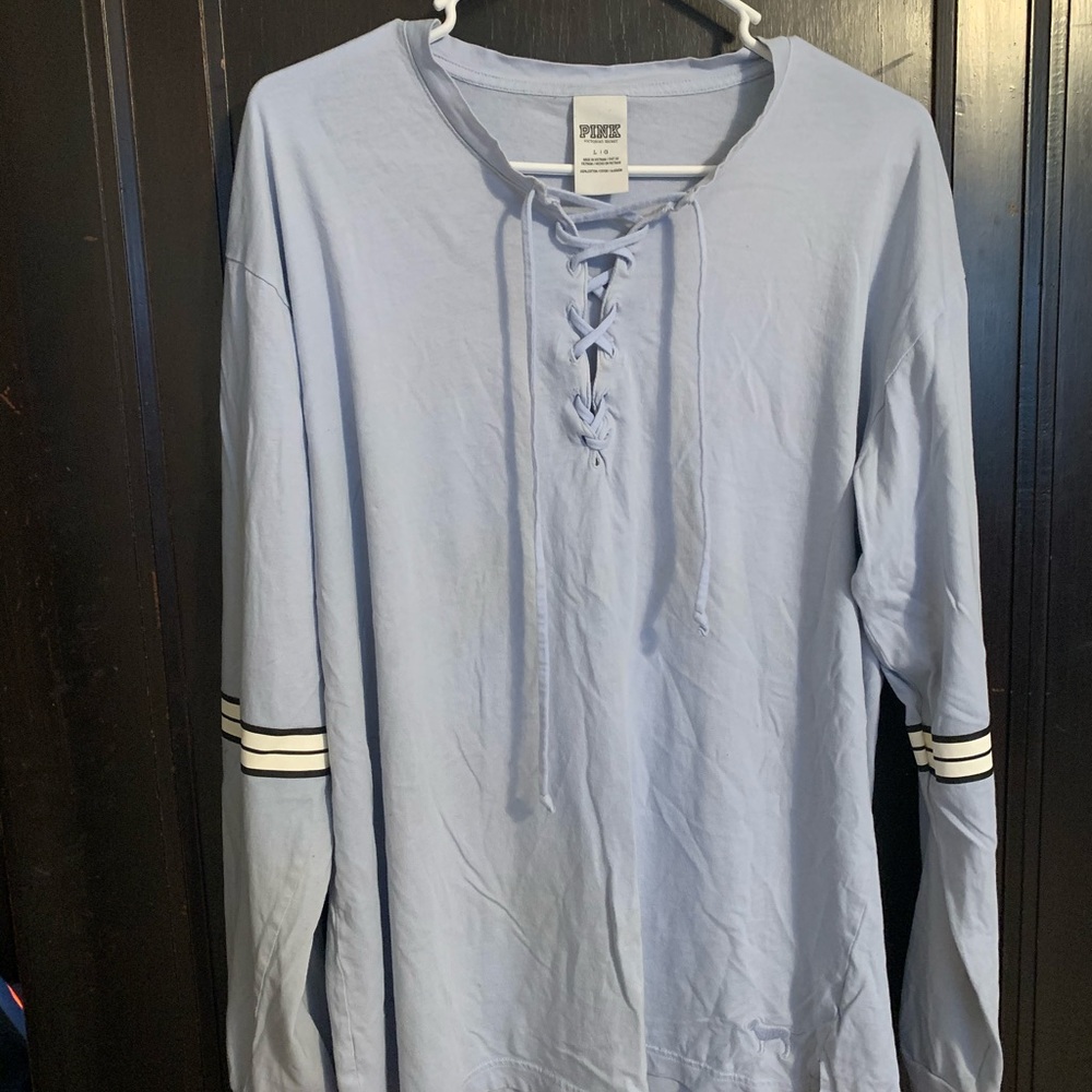 Baby Blue PINK Cross Front Long Sleeve Tee